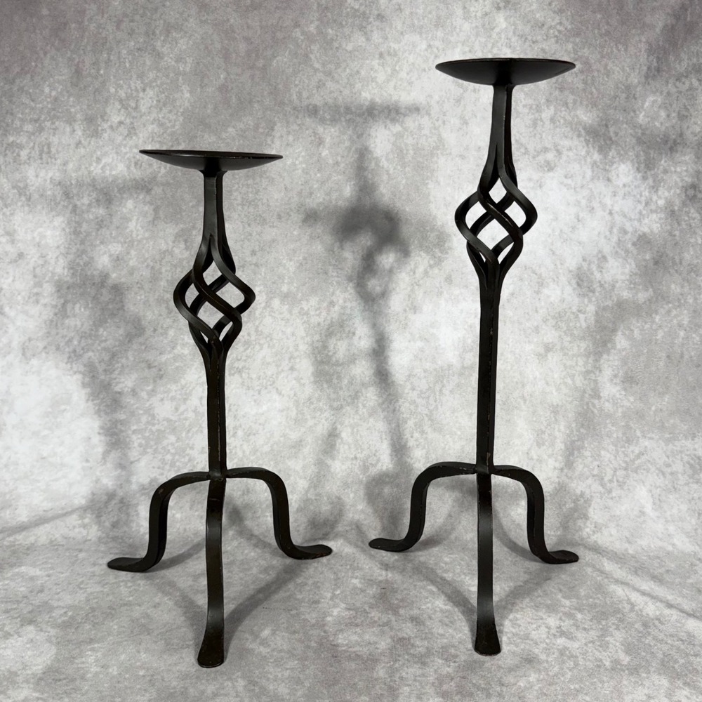 Vtg Pier 1 Imports Wrought Iron Twisted Basket Candle Holders Pair 18" & 15.25"